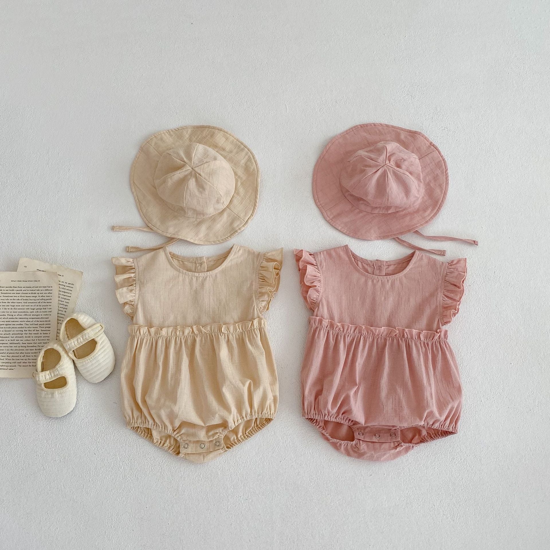 Baby Girl Solid Color Summer Romper with Hat