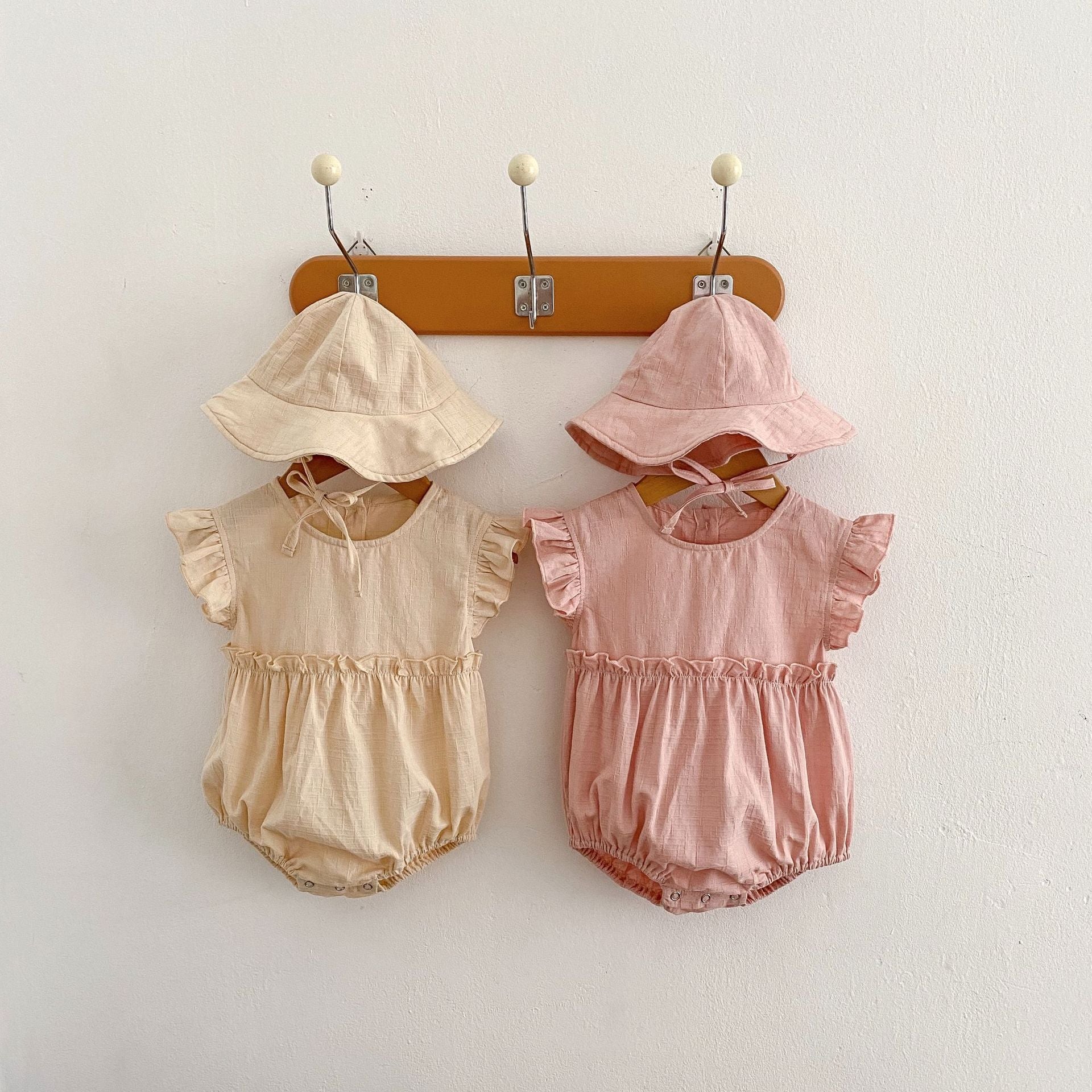 Baby Girl Solid Color Summer Romper with Hat