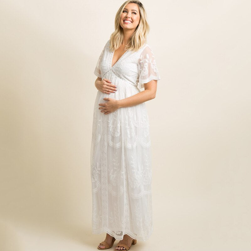 Maternity Dresses for Photo Shoot Summer V Neck White Lace Short Sleeve Pregnancy Dress Pregnant Women Photography Maxi Dress